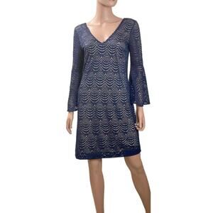Lily Pulitzer Navy Blue Scallops Shell Lace V-Neck Bell Sleeve Nicoline Dress